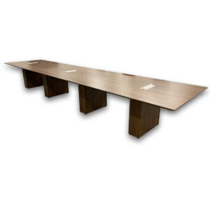 Used 17.5' W Group LaCasse Knife Edge Rectangular Conference Table - Modern Walnut  This modern conference table provides a clean, functional surface for meetings and collaborative work, with integrated power for convenient connectivity. Knife edge rectangular top Integrated power module with outlets and USB ports Panel base design for stability Commercial grade construction Dimensions: 17.5"W x 47.5"D x 30"H Ideal for conference rooms, meeting spaces, and collaborative work areas.